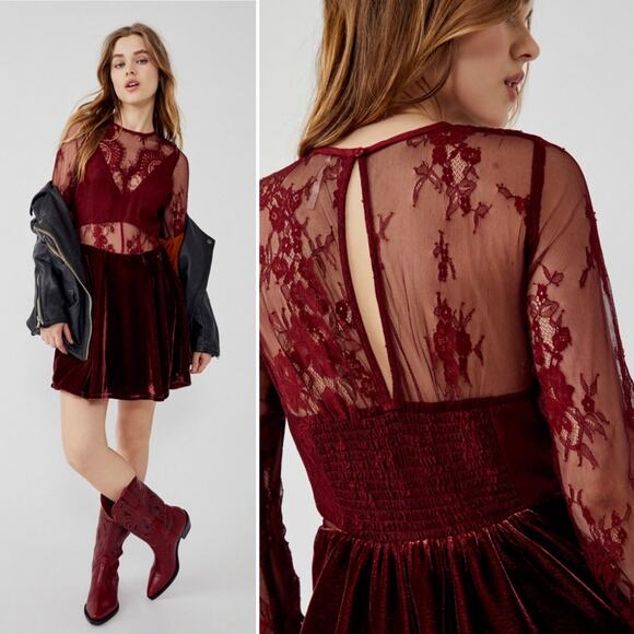 Free People Marlie Lace Velvet Fairy Whimsigoth Mini Dress Wine Grape Sz S NWT - Picture 1 of 12